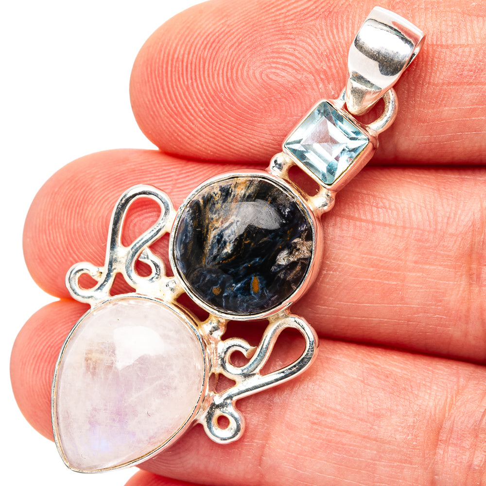 Premium Pietersite, Rainbow Moonstone, Blue Topaz Pendant 1 7/8" (.925 Sterling Silver)