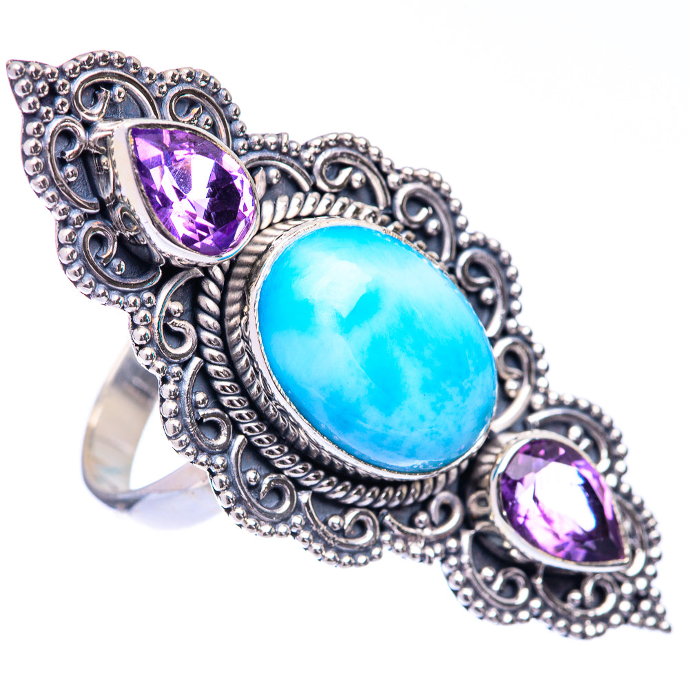 Large Larimar, Amethyst Ring Size 9 (925 Sterling Silver) R140994