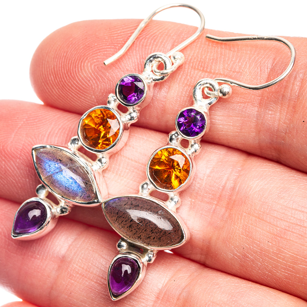 Labradorite, Citrine, Amethyst Earrings 1 3/4" (925 Sterling Silver) E432619