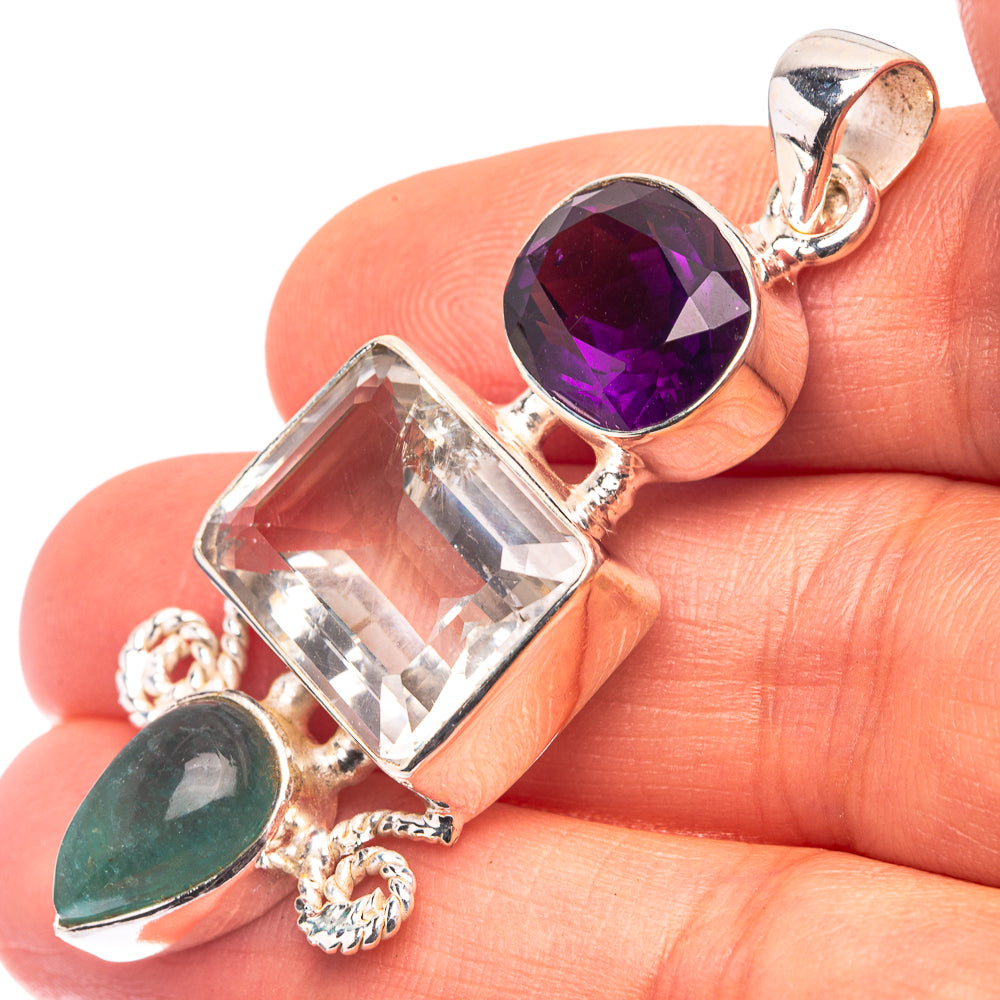 White Quartz, Amethyst, Blue Fluorite 925 Sterling Silver Pendant 2 1/8" (925 Sterling Silver) PD38663