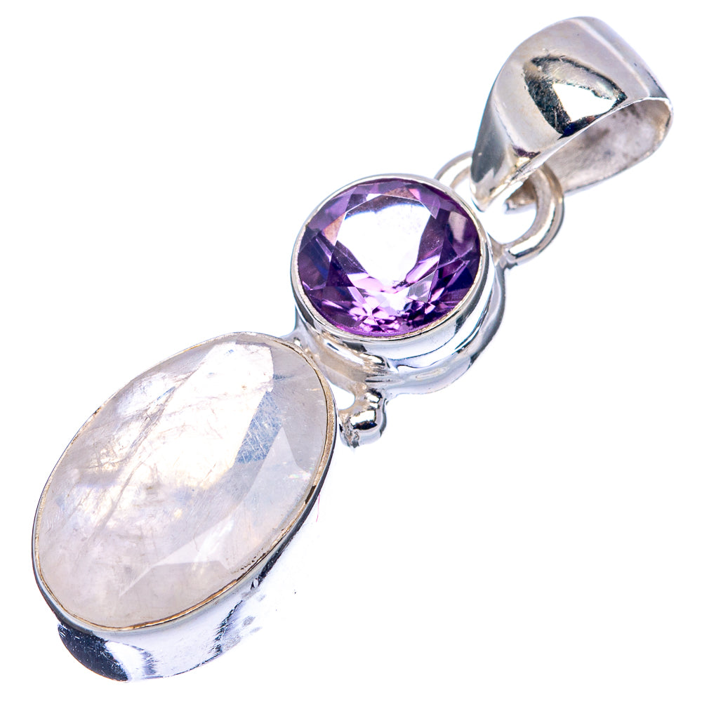 Faceted Rainbow Moonstone , Amethyst Pendant 1 3/8" (.925 Sterling Silver)