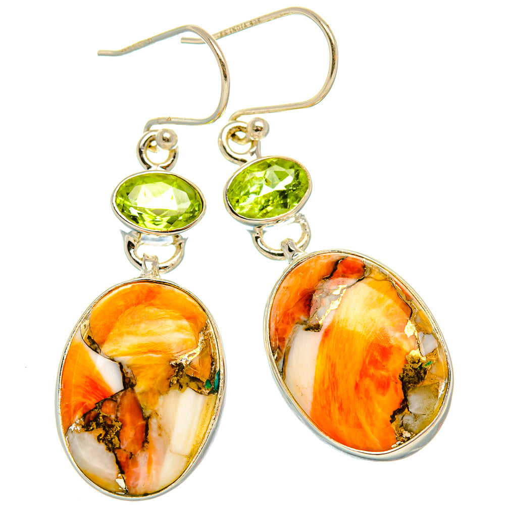 Orange Copper Composite Turquoise, Peridot Earrings 1 3/4" (925 Sterling Silver) EARR432039