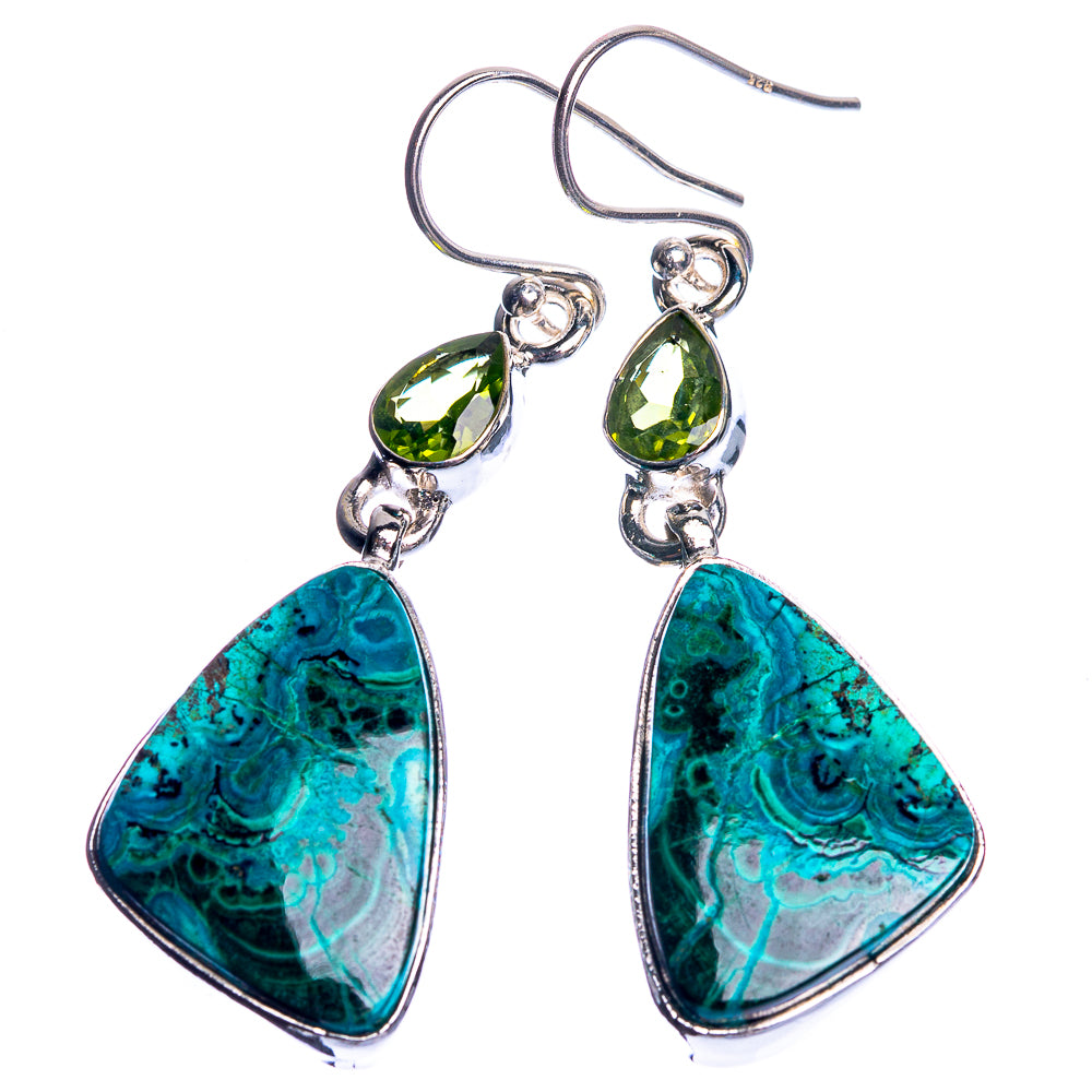 Malachite In Chrysocolla, Peridot 925 Sterling Silver Earrings 1 7/8"