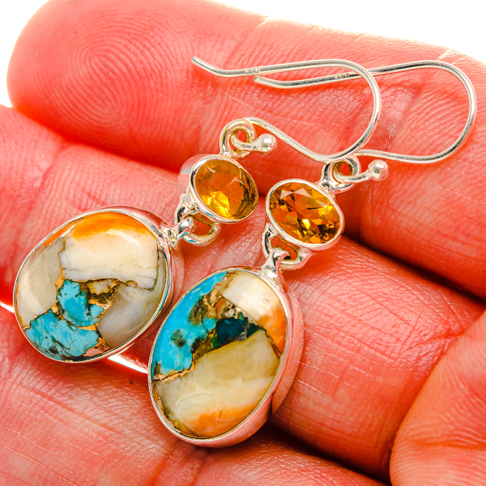 Spiny Oyster Turquoise, Citrine Earrings 1 3/4" (925 Sterling Silver) EARR431991