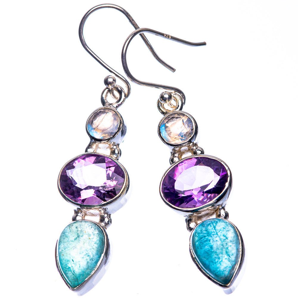 Aquamarine, Amethyst, Rainbow Moonstone Earrings 1 3/4" (925 Sterling Silver) E432529