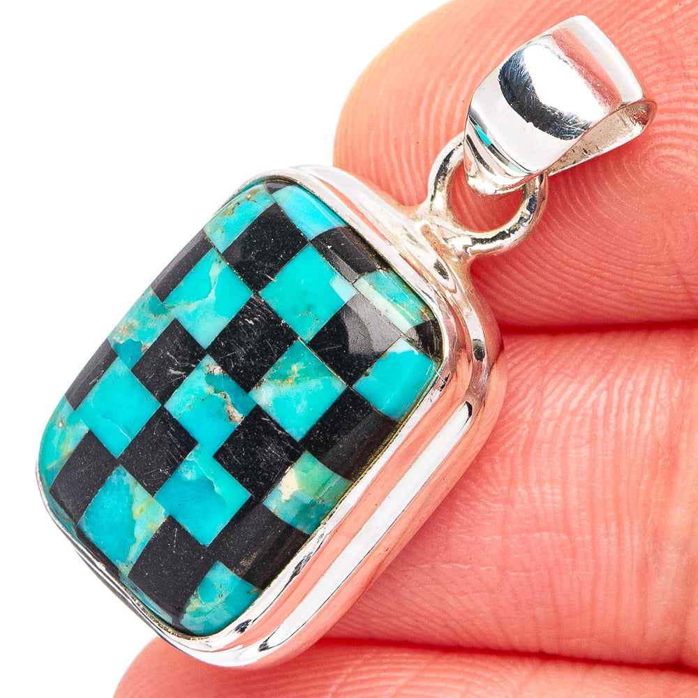 Rare Kingman Turquoise Black Onyx Pendant 1 1/4" (.925 Sterling Silver)