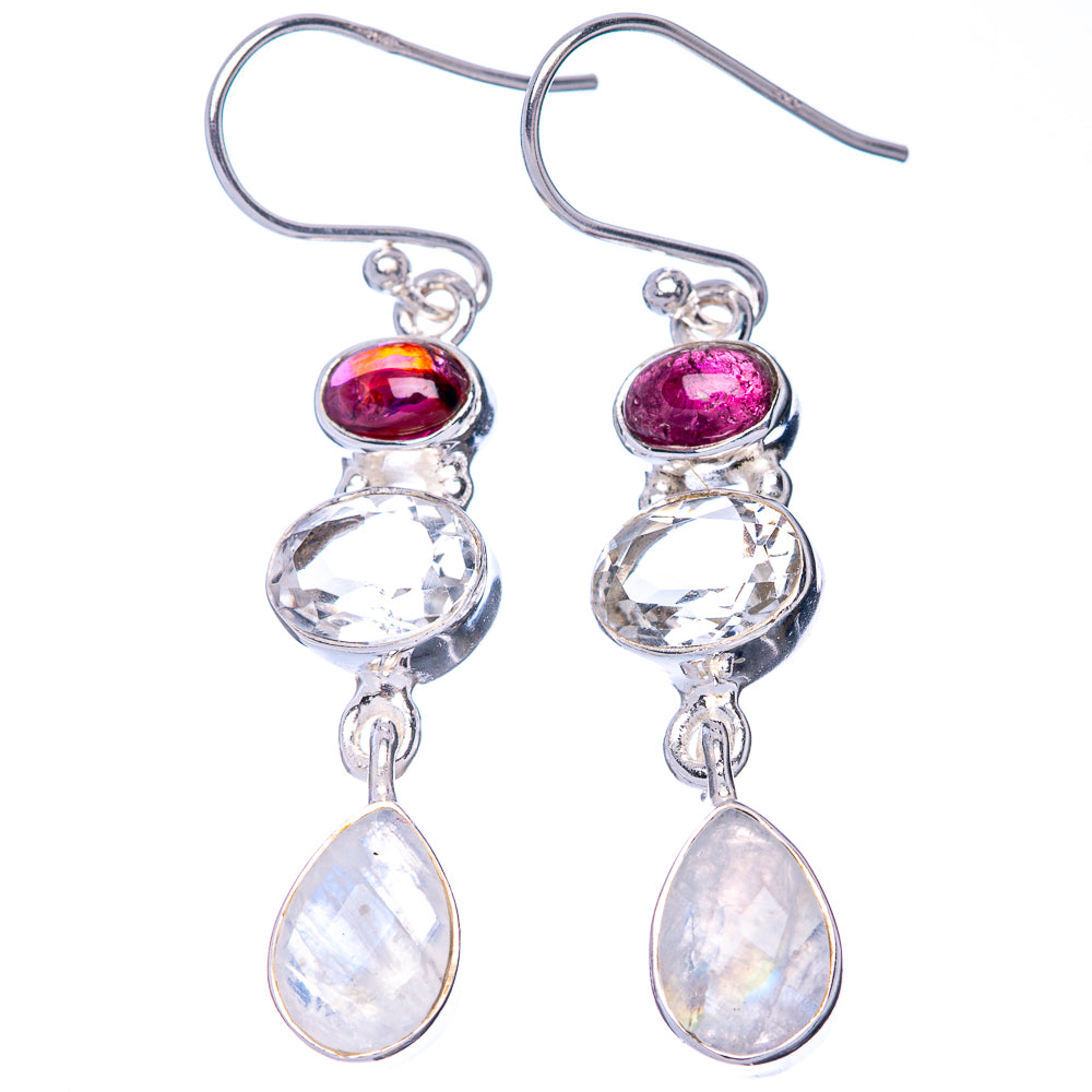 Rainbow Moonstone, White Quartz, Garnet 925 Sterling Silver Earrings 1 3/4" (925 Sterling Silver) E1427