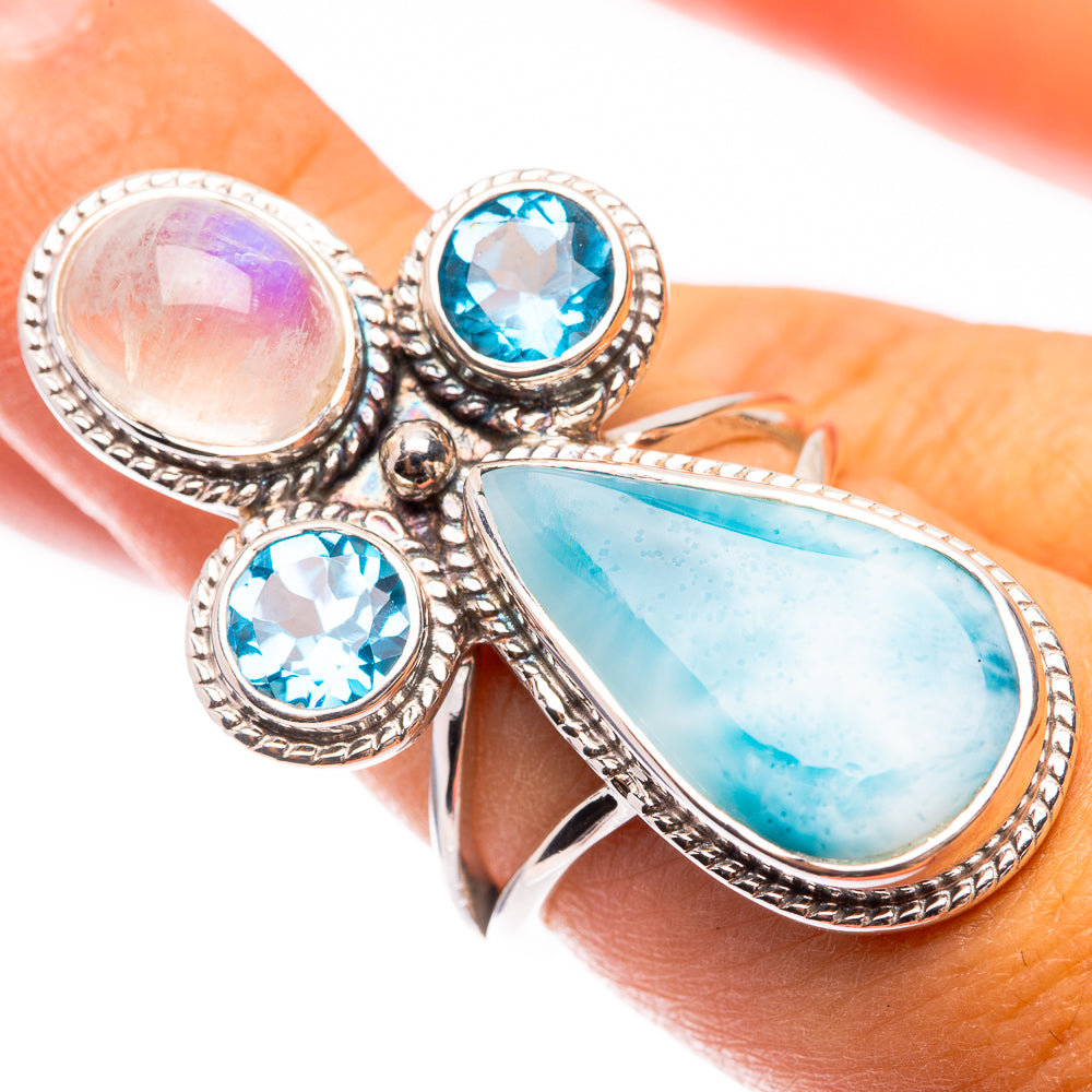 Signature Larimar, Rainbow Moonstone, Blue Topaz Ring Size 7 (925 Sterling Silver) R141716