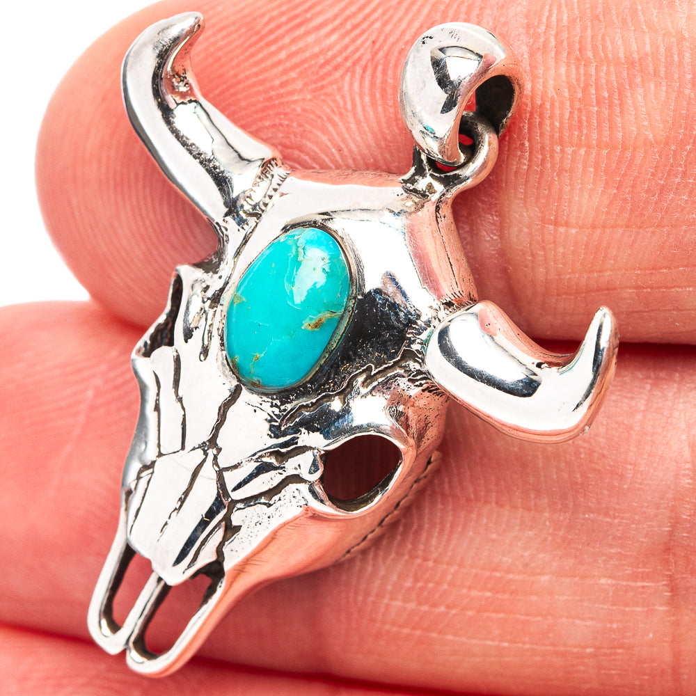 Native Style Mohave Turquoise Cow Skull Pendant 1 1/4" (.925 Sterling Silver)