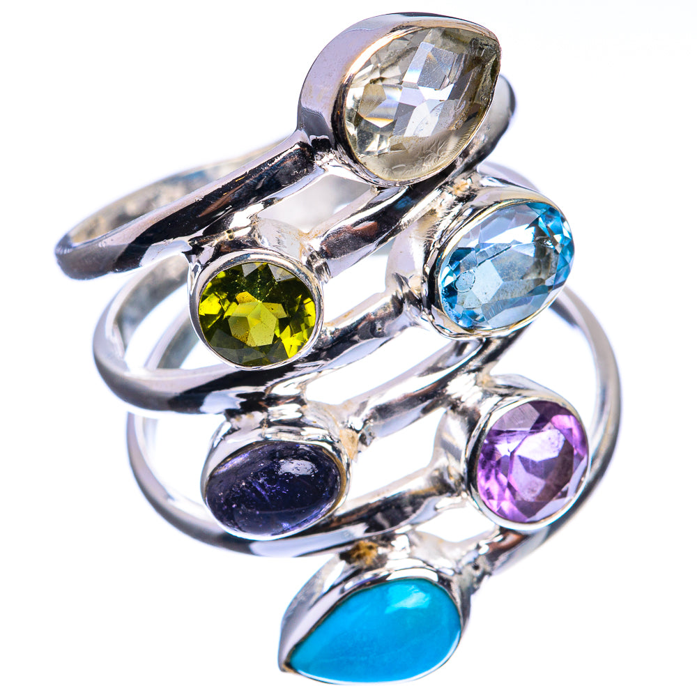Large White Quartz, Peridot, Blue Topaz, Tanzanite, Amethyst, Sleeping Beauty Turquoise 925 Sterling Silver Ring Size 8.75