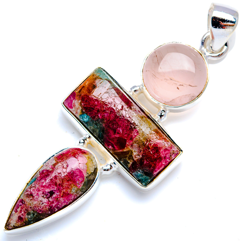 Natural Tourmaline, Rose Quartz 925 Sterling Silver Pendant 2 1/4" (925 Sterling Silver) PD38420