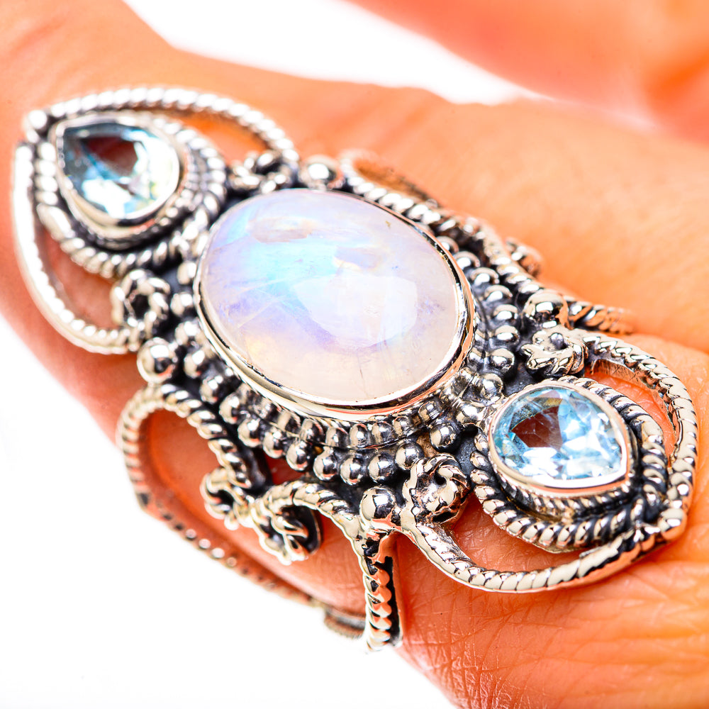 Signature Huge Rainbow Moonstone, Blue Topaz Ring Size 8 (925 Sterling Silver) RING138154