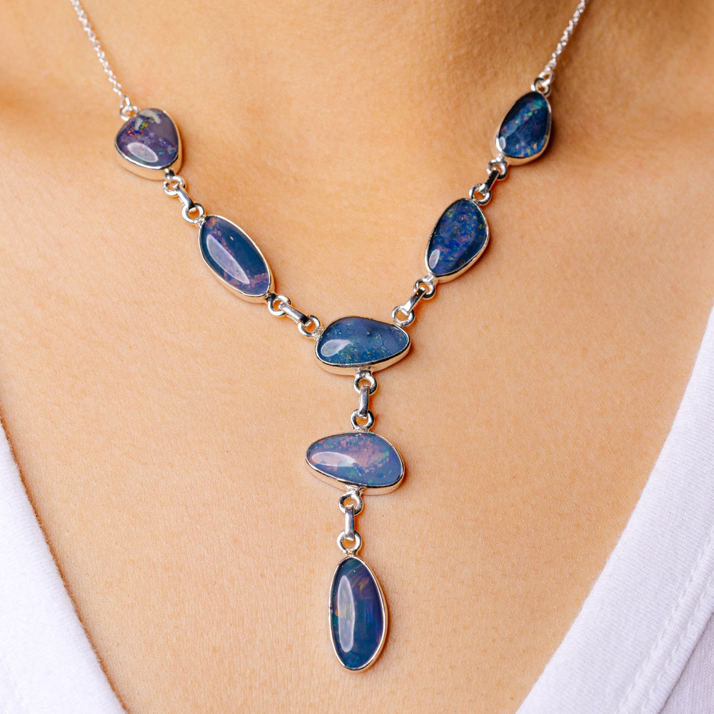 Rare Triplet Opal Necklace 16 5/8 To 18 3/8" (925 Sterling Silver) N90117
