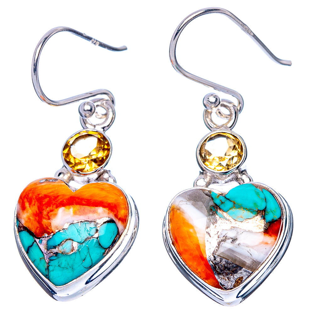 Spiny Oyster Turquoise, Citrine Heart Earrings 1 3/8" (925 Sterling Silver) E1698