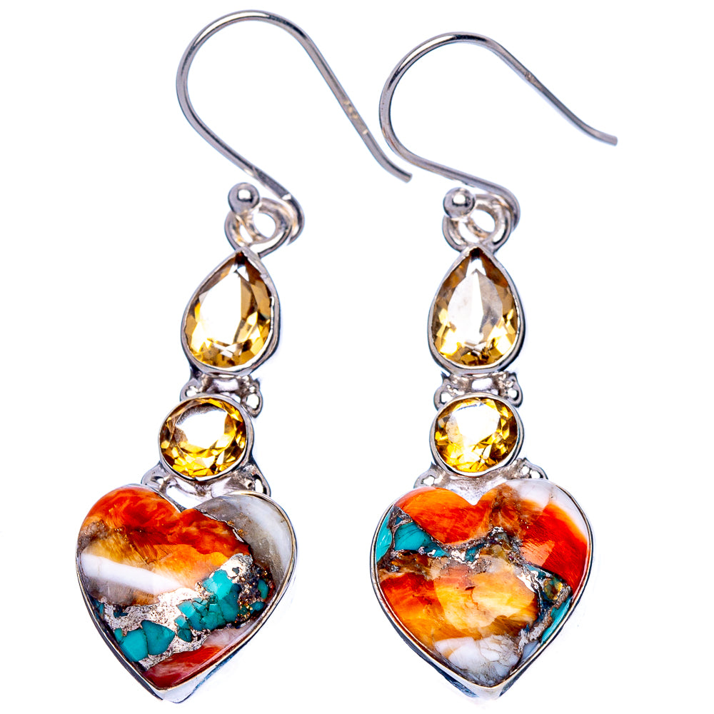 Spiny Oyster Turquoise, Citrine Heart Earrings 1 3/4" (925 Sterling Silver) E1787