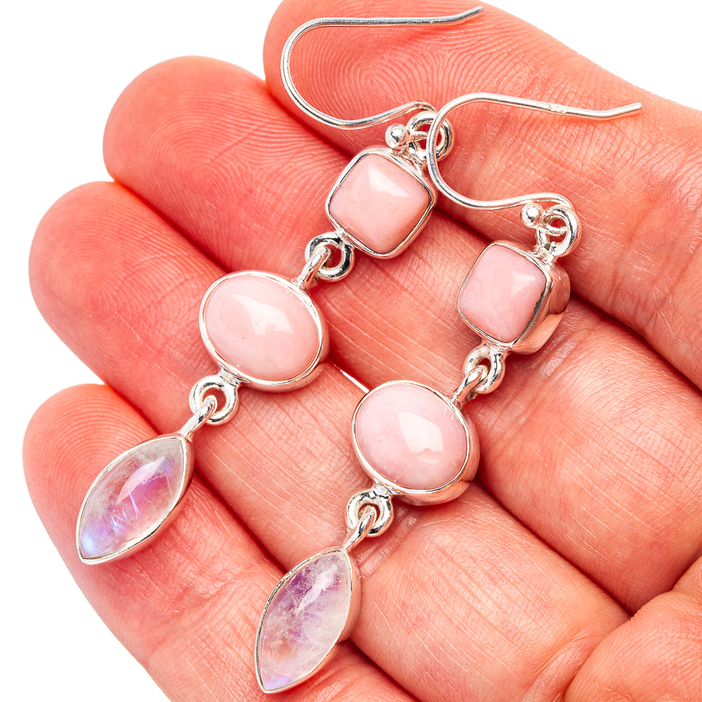 Premium Pink Opal, Rainbow Moonstone Earrings 2 1/8" (.925 Sterling Silver)