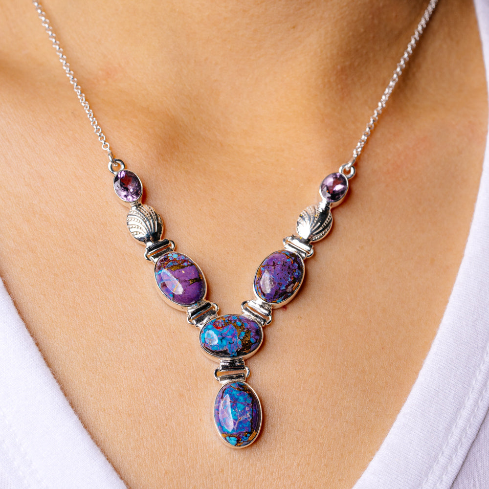 Purple Copper Turquoise Seashell Necklace 16 3/4 To 18 3/4" (925 Sterling Silver) N90104
