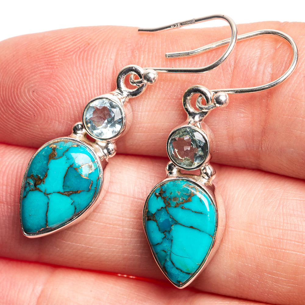 Blue Copper Composite Turquoise, Blue Topaz Earrings 1 1/2" (925 Sterling Silver) E432478