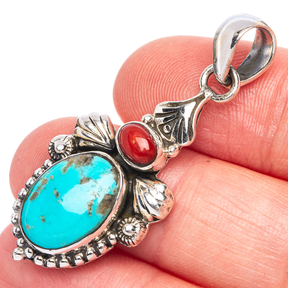 Tibetan Turquoise, Red Coral Pendant 1 5/8" (925 Sterling Silver) P40153