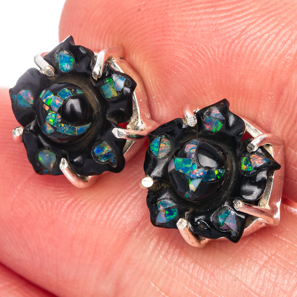 Rare Black Onyx Opal Earrings 1/2" (925 Sterling Silver) E1163