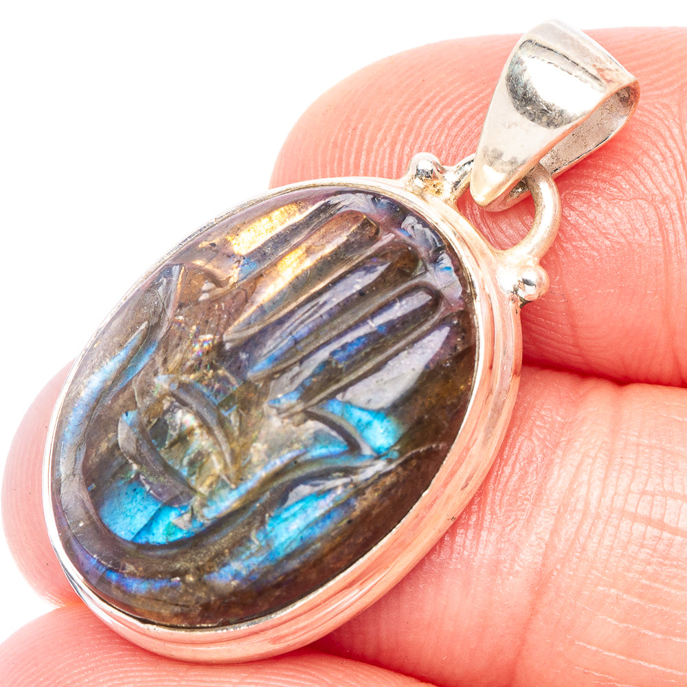 Carved Labradorite Hand Pendant 1 1/4" (925 Sterling Silver) P44316