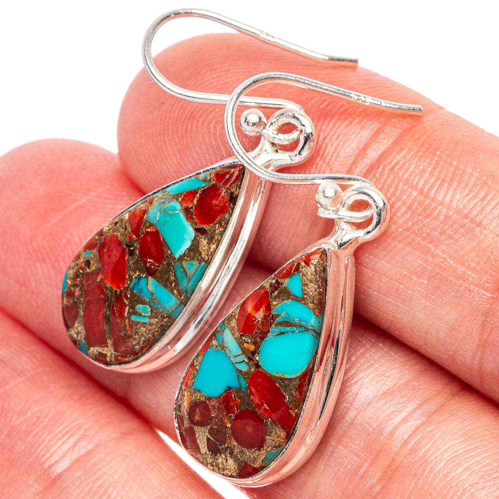 Coral Turquoise Matrix Earrings 1 3/8" (925 Sterling Silver) E2408