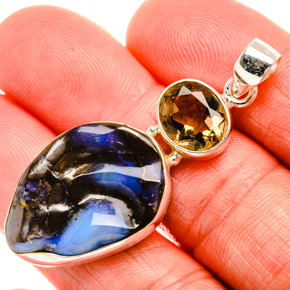 Boulder Opal, Smoky Quartz 925 Sterling Silver Pendant 2" (925 Sterling Silver) PD38302