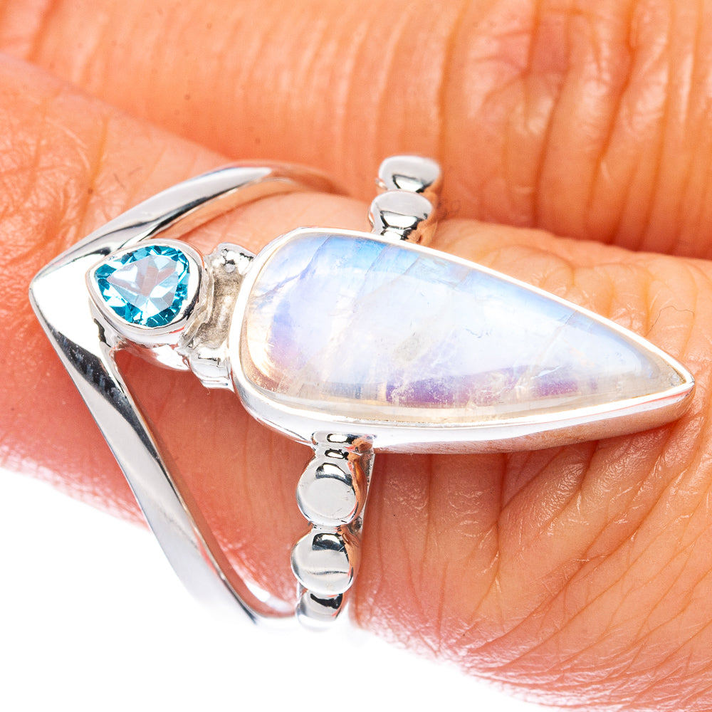 Premium Rainbow Moonstone, Blue Topaz 925 Sterling Silver Ring Size 6 (925 Sterling Silver) R2661