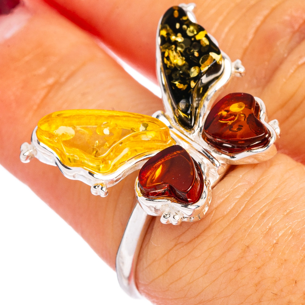 Baltic Amber Butterfly Ring Size 6 Adjustable (.925 Sterling Silver)