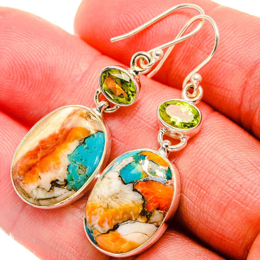 Spiny Oyster Turquoise, Peridot Earrings 1 3/4" (925 Sterling Silver) EARR432023