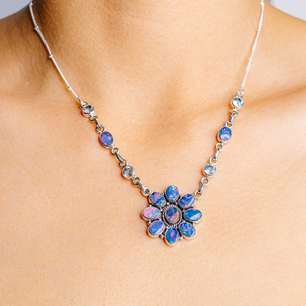 Doublet Opal, Blue Topaz Necklace 18 to 20" (.925 Sterling Silver)