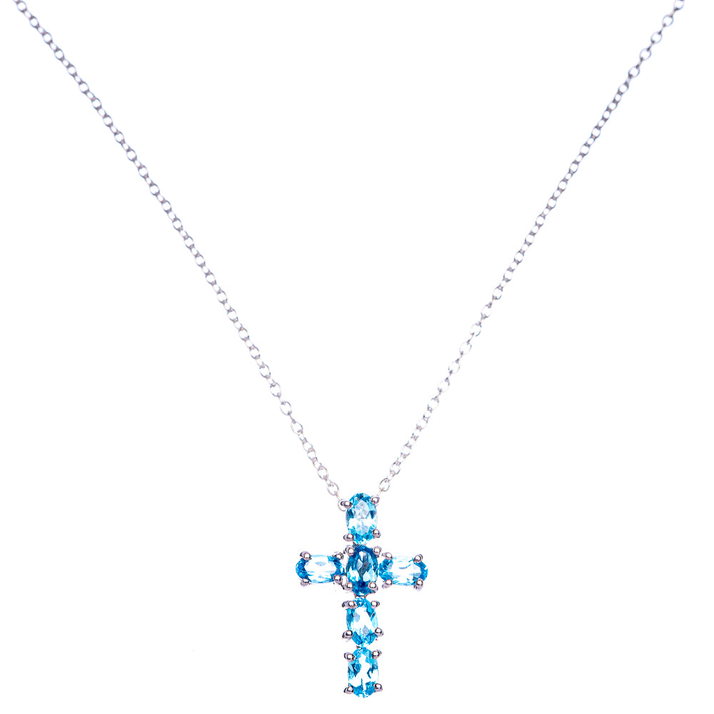Blue Topaz Cross Necklace 18 1/4" (925 Sterling Silver) N90053