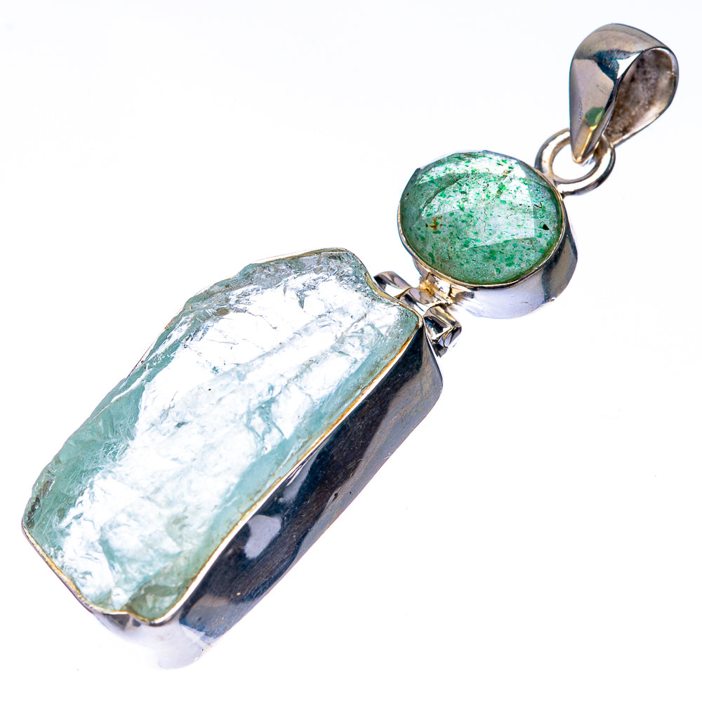 Raw Aquamarine, Green Aventurine 925 Sterling Silver Pendant 2 1/8" (925 Sterling Silver) PD38601