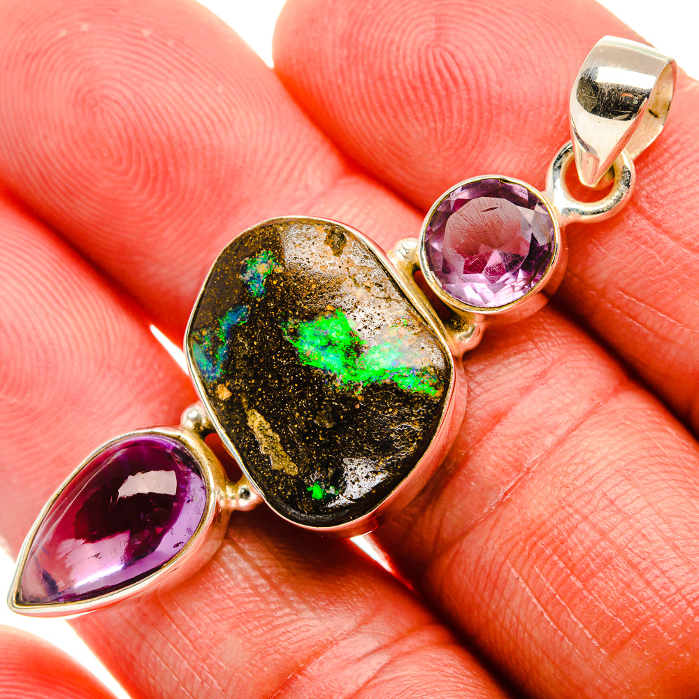 Boulder Opal, Amethyst Pendant 2" (925 Sterling Silver) PD37913