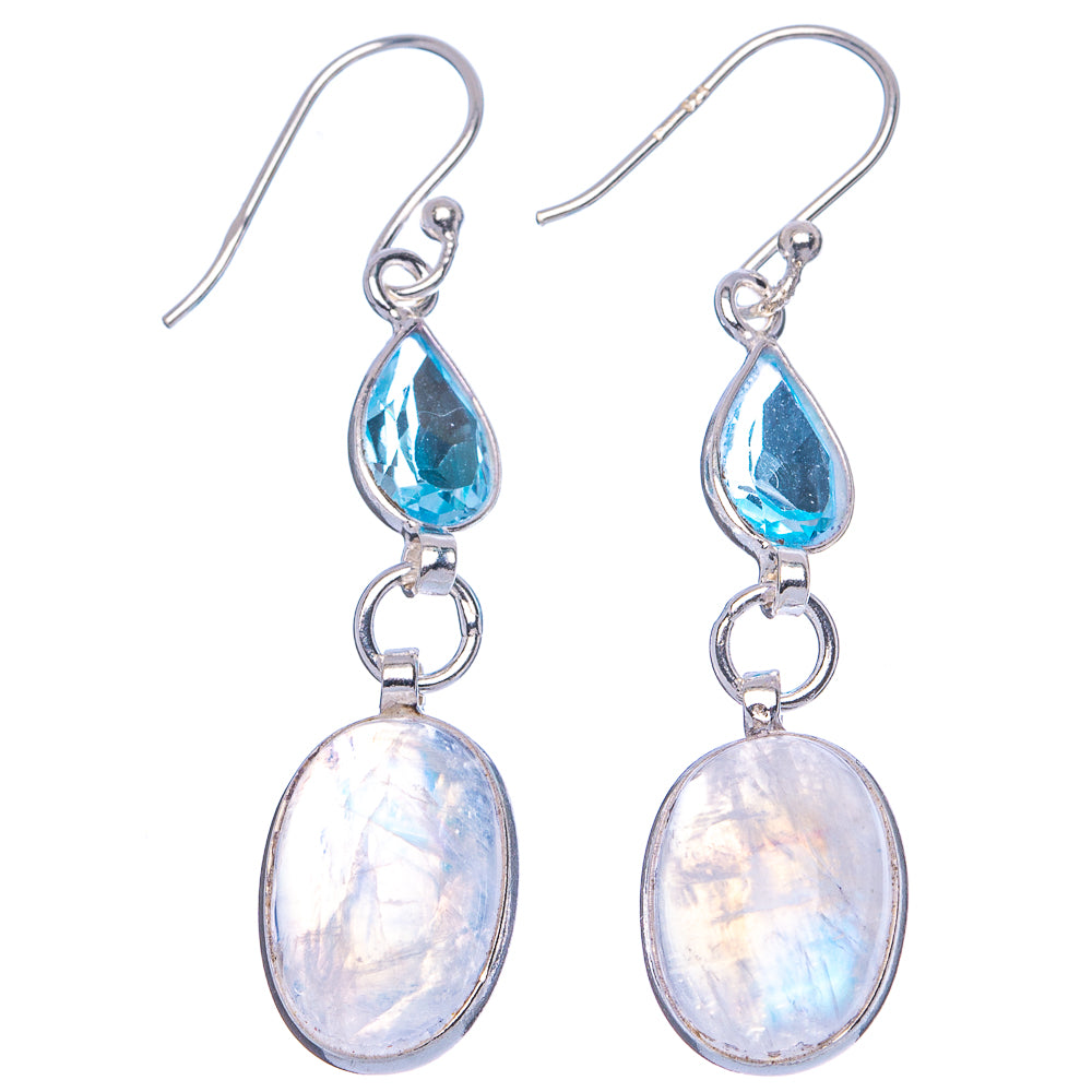 Rainbow Moonstone, Blue Topaz Earrings 2" (.925 Sterling Silver)