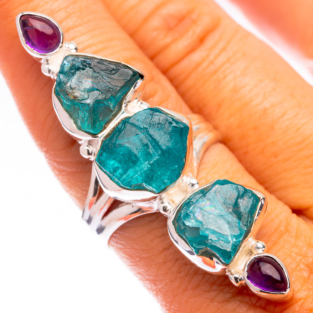 Large Raw Blue Fluorite, Amethyst Ring Size 9 (925 Sterling Silver) R140812