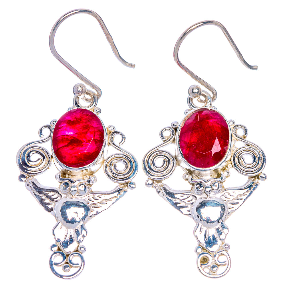 Glass Filled Ruby Owl Earrings 1 5/8" (925 Sterling Silver) E1046