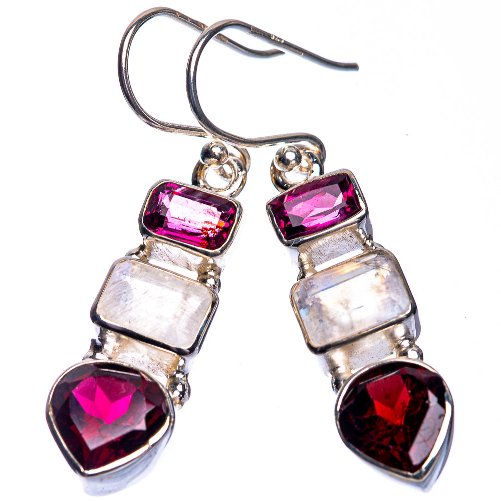Rainbow Moonstone, Garnet Earrings 1 5/8" (925 Sterling Silver) E432759