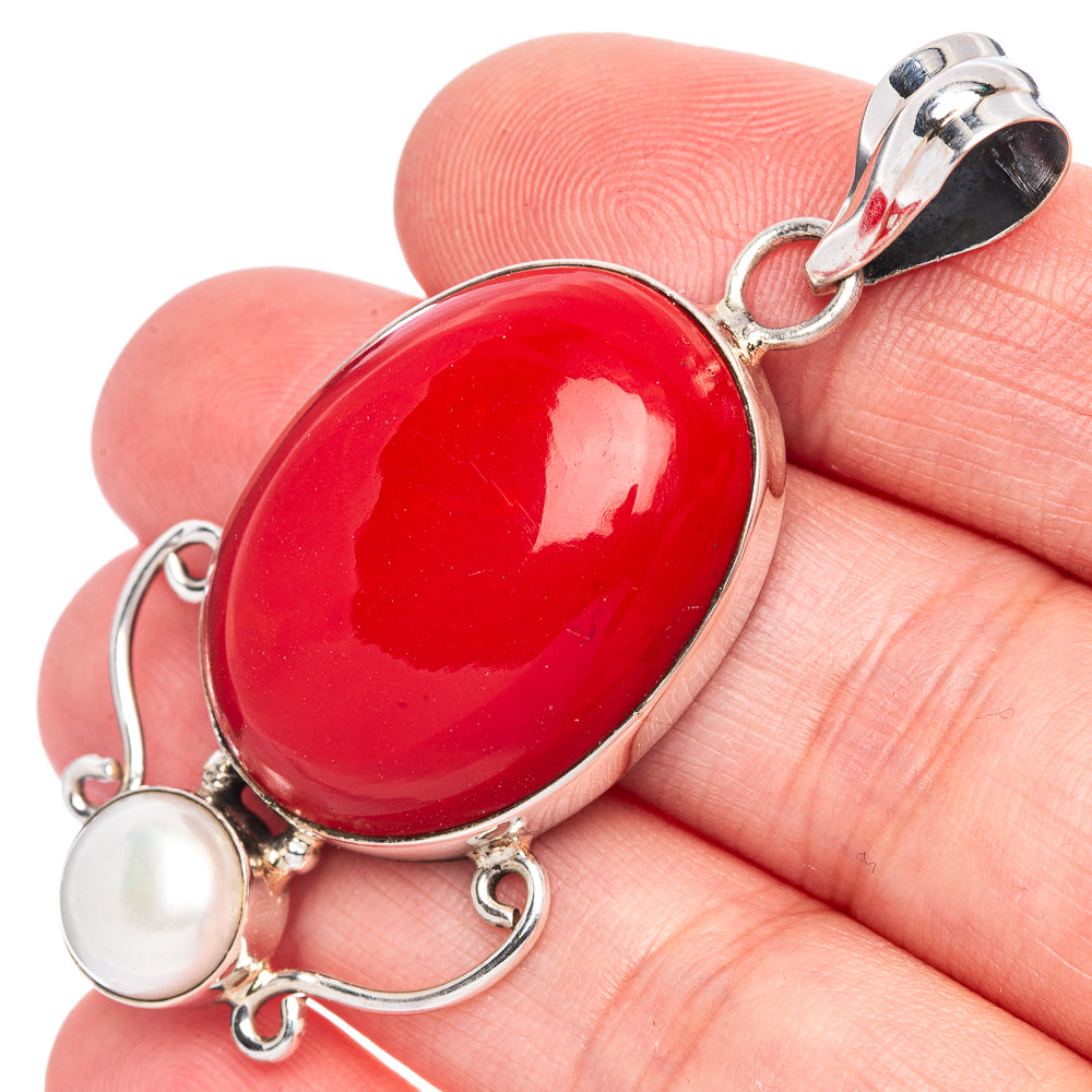 Red Onyx, Cultured Pearl Pendant 2 1/8" (925 Sterling Silver) P40037