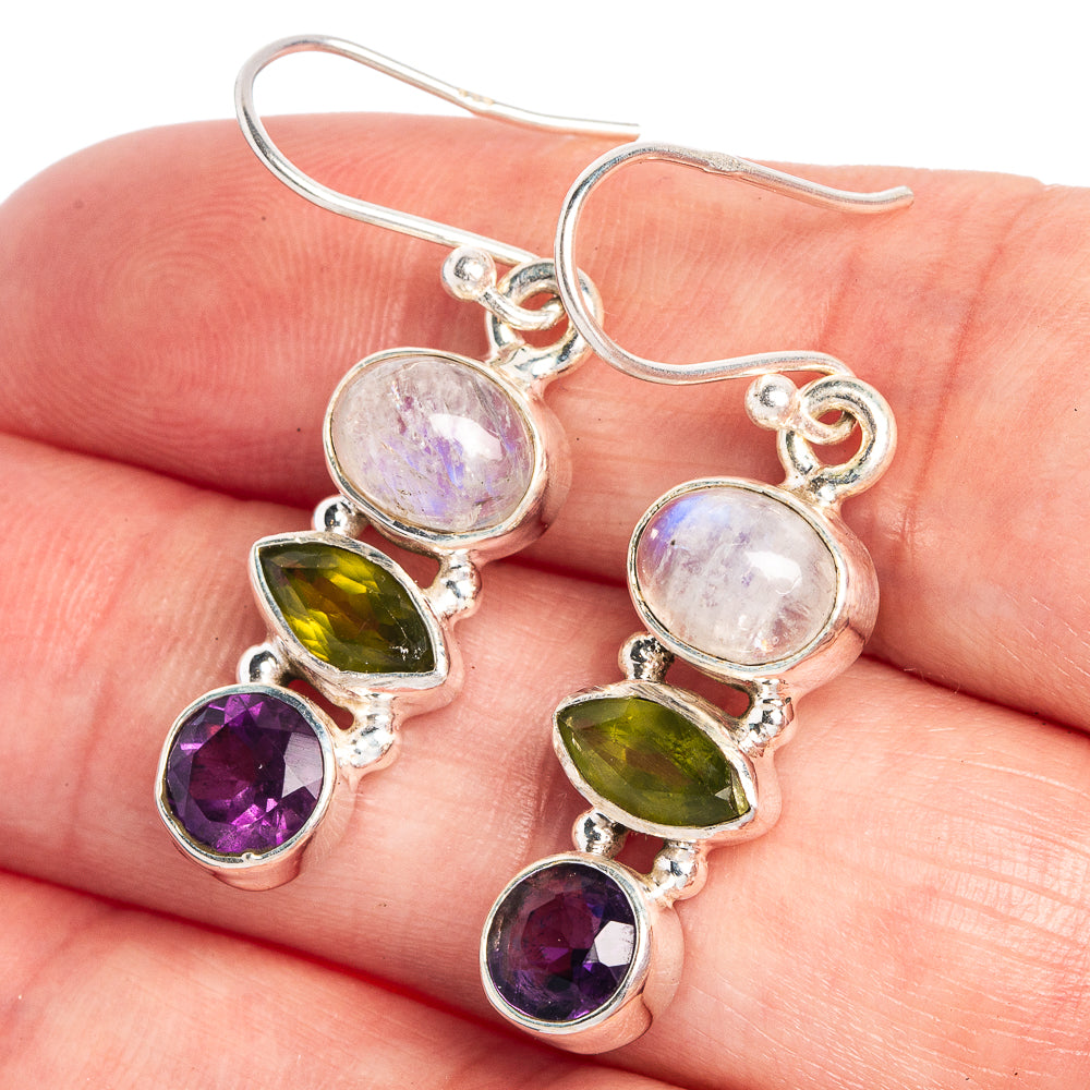 Rainbow Moonstone, Peridot, Amethyst Earrings 1 1/2" (925 Sterling Silver) E433028