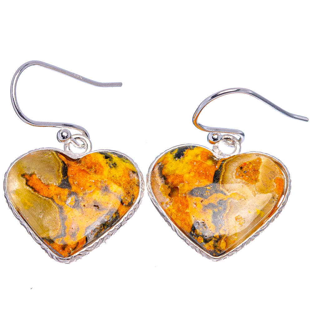 Bumblebee Jasper Heart Earrings 1 1/4" (.925 Sterling Silver)