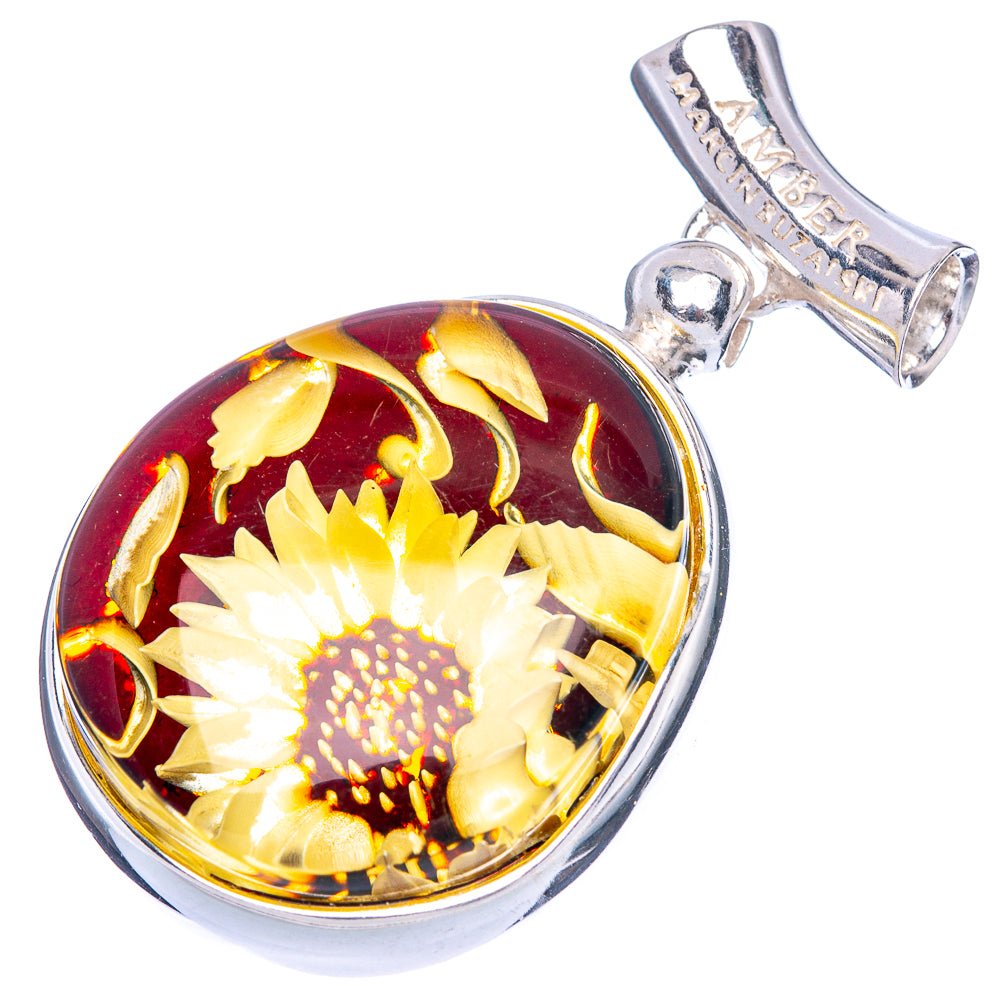 Amber Intaglio Sunflower Pendant 1 1/2" (925 Sterling Silver) P42551