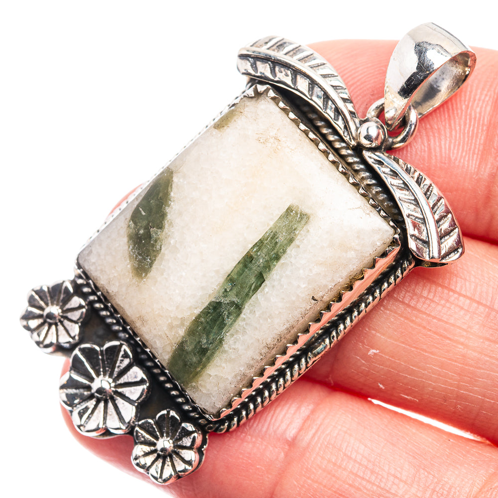 Green Tourmaline In Quartz Pendant 1 3/4" (925 Sterling Silver) P38973