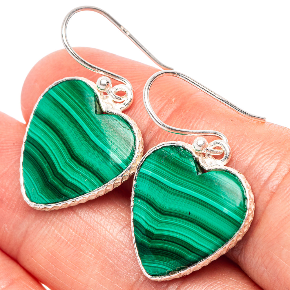 Malachite Heart Earrings 1 1/8" (925 Sterling Silver) E2391