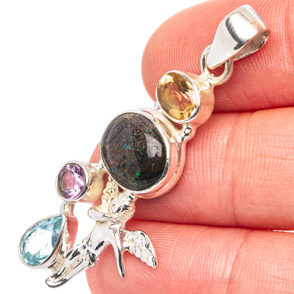 Rare Andamooka Opal Angel, Citrine, Blue Topaz, Amethyst Pendant 1 3/4" (.925 Sterling Silver)