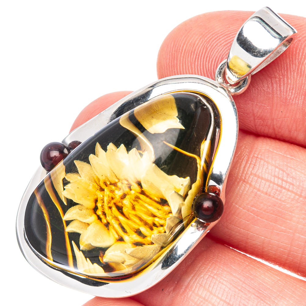 Amber Intaglio Sunflower Pendant 1 3/4" (925 Sterling Silver) P42572