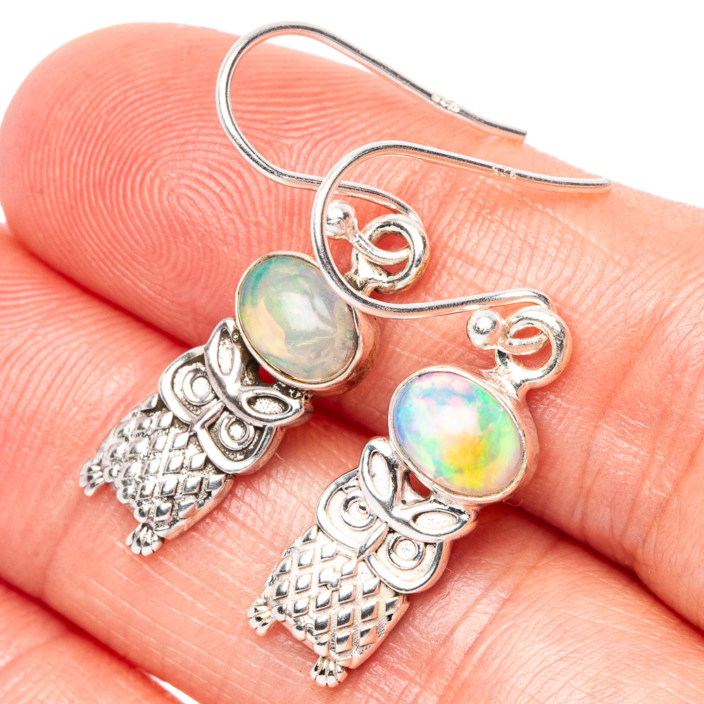 Rare Ethiopian Opal Owl Earrings 1 3/8" (925 Sterling Silver) E1525
