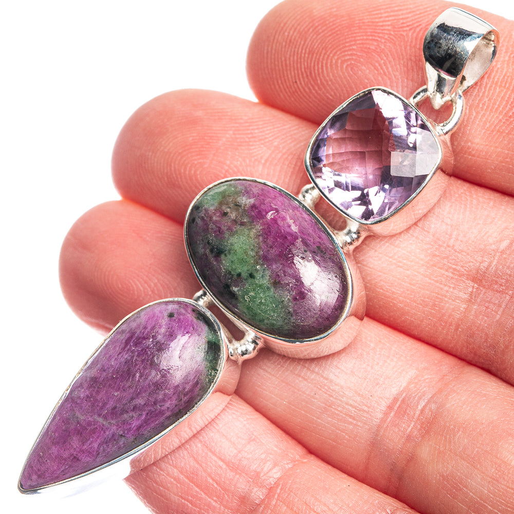 Ruby Zoisite, Amethyst 925 Sterling Silver Pendant 2 1/2"