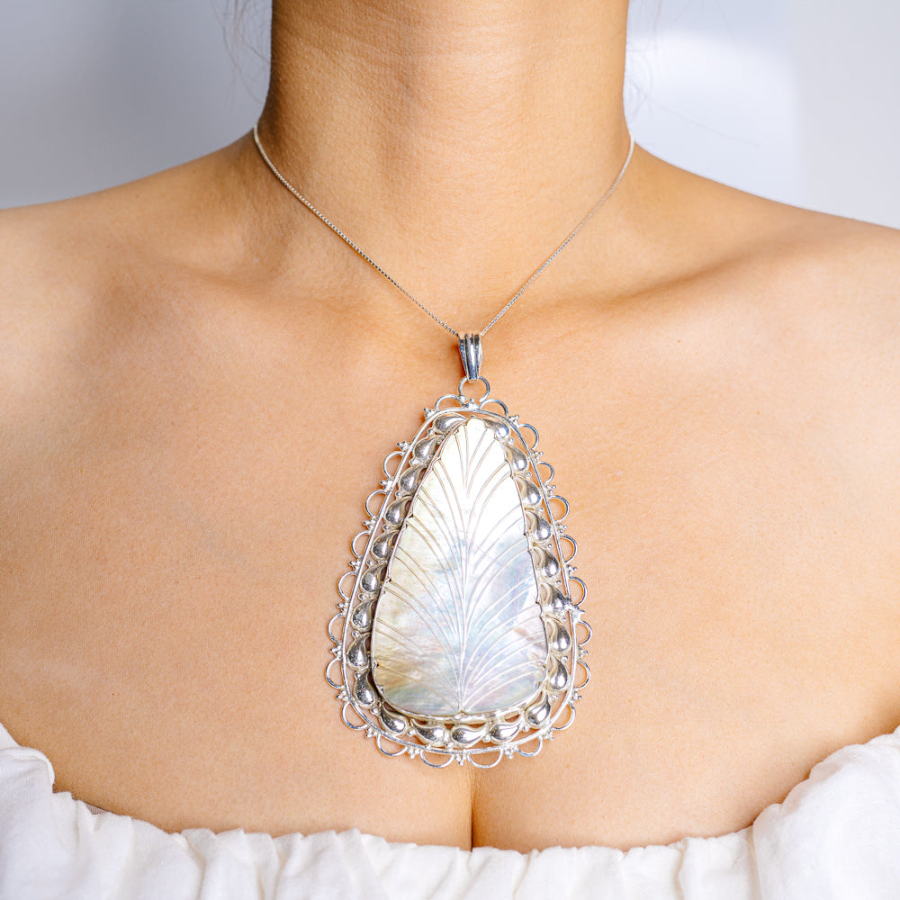 Gigantic Mother Of Pearl Pendant 4 5/8" (.925 Sterling Silver)