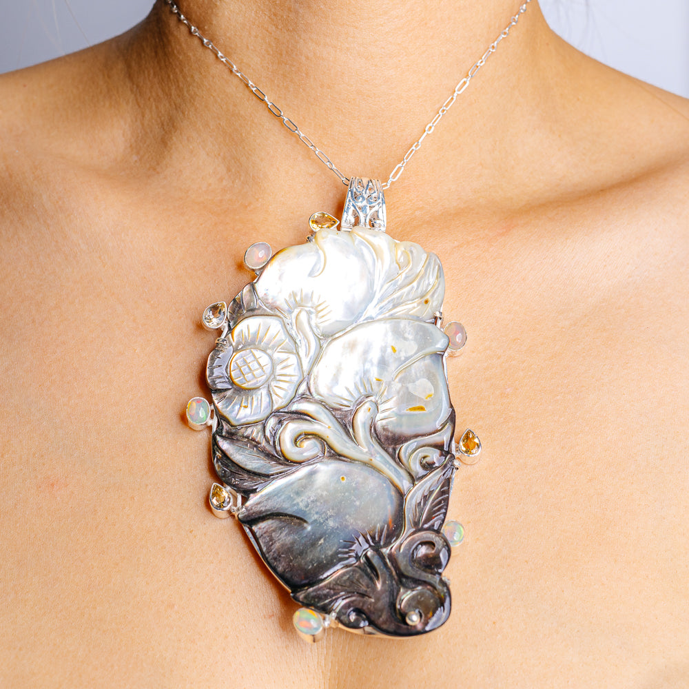 Gigantic Motehr Of Pearl, Ethiopian Opal, Citrine Pendant 4 7/8" (.925 Sterling Silver)